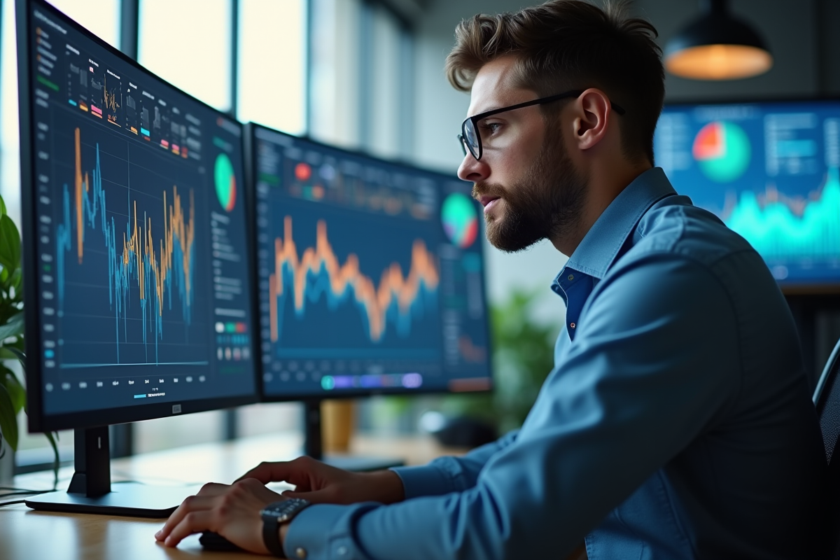 Analyste de données au bureau avec écrans colorés