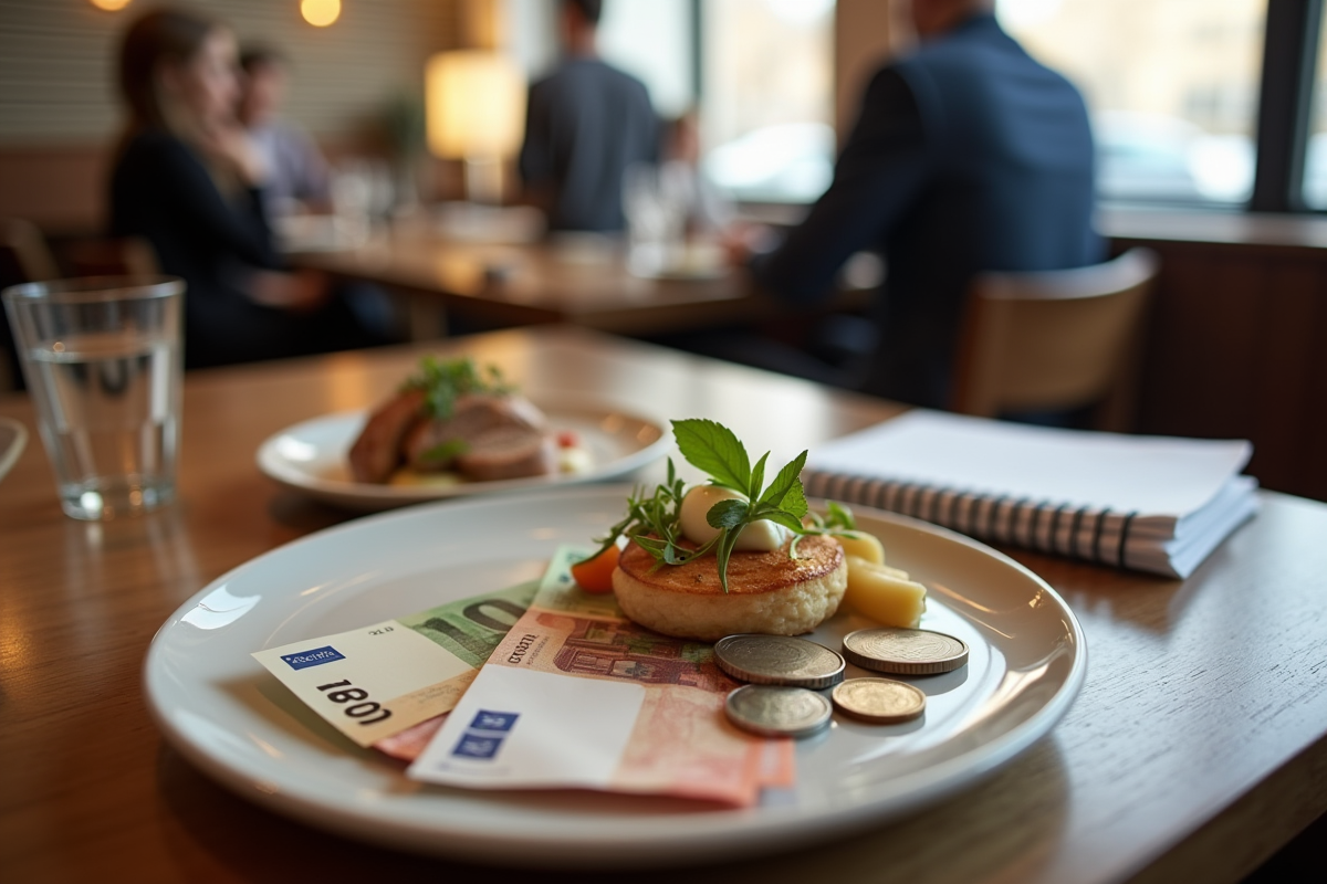 Pile de billets et pièces d euro avec plat gourmet et carnet de notes