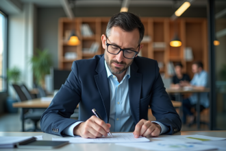 Auditeur homme d'affaires examine documents financiers