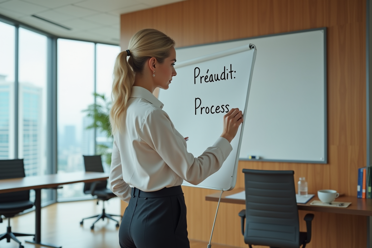 Auditrice écrivant sur un tableau blanc en réunion