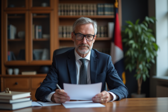 Avocat québecois en costume bleu examine des documents officiels