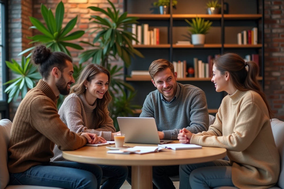 Groupe de jeunes professionnels en brainstorming dans un espace coworking