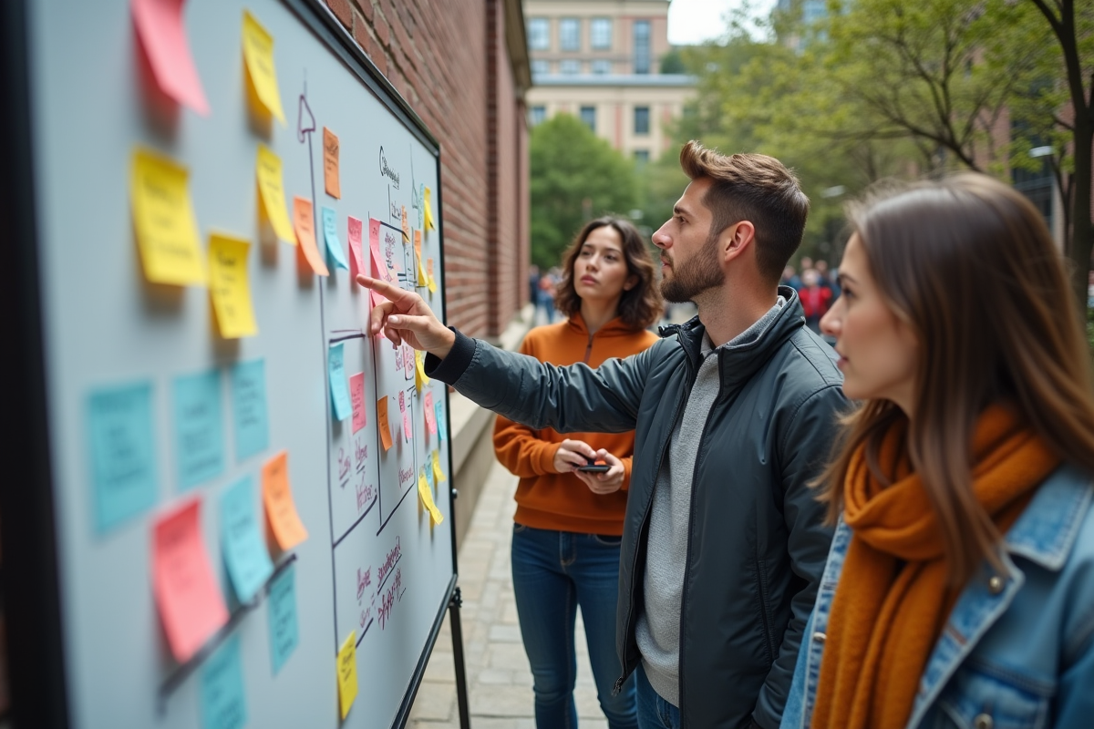 Groupe de jeunes professionnels en brainstorming en extérieur