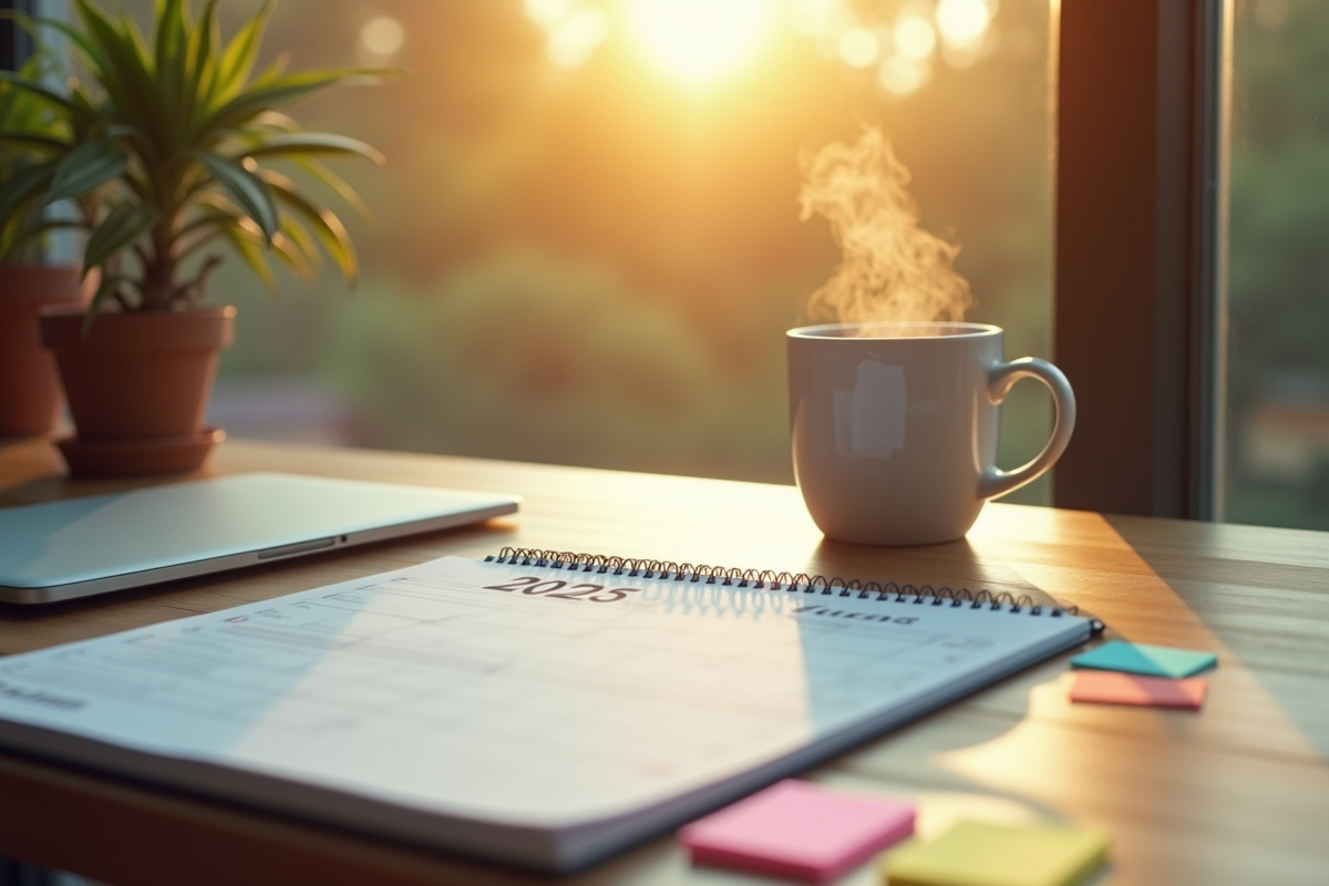 Espace de travail moderne avec calendrier 2025 en lumière naturelle