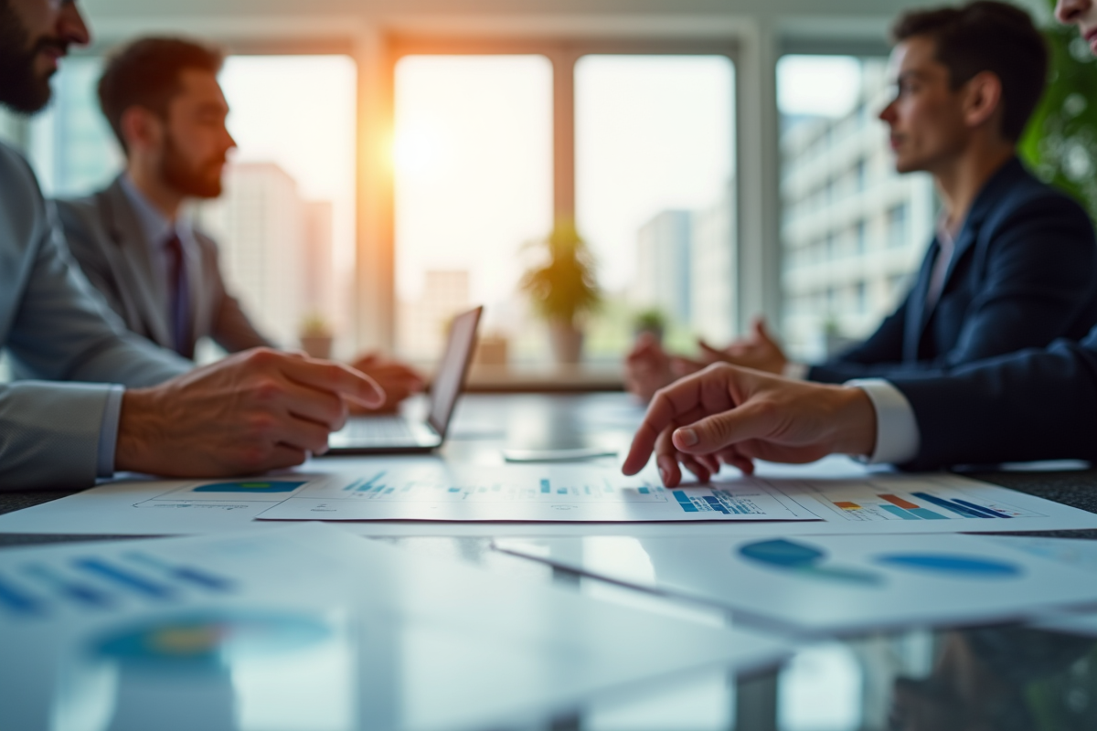 Professionnels d'affaires analysant des graphiques financiers dans un bureau lumineux
