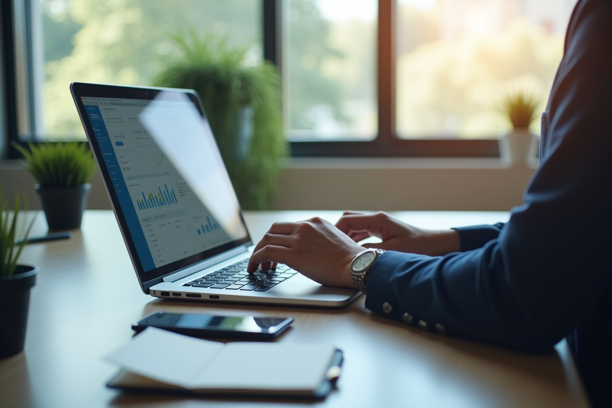 Espace de travail professionnel avec ordinateur et analytics
