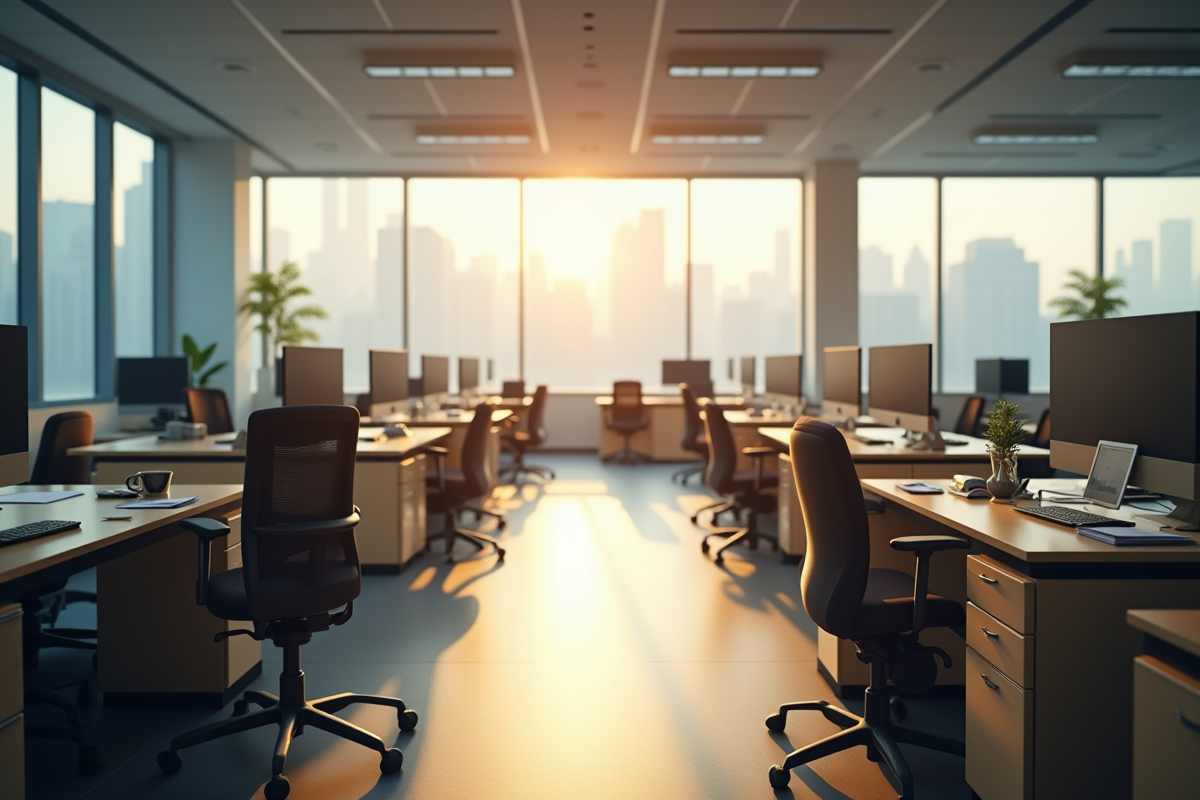 Bureau vide avec chaises et bureaux désertés le matin