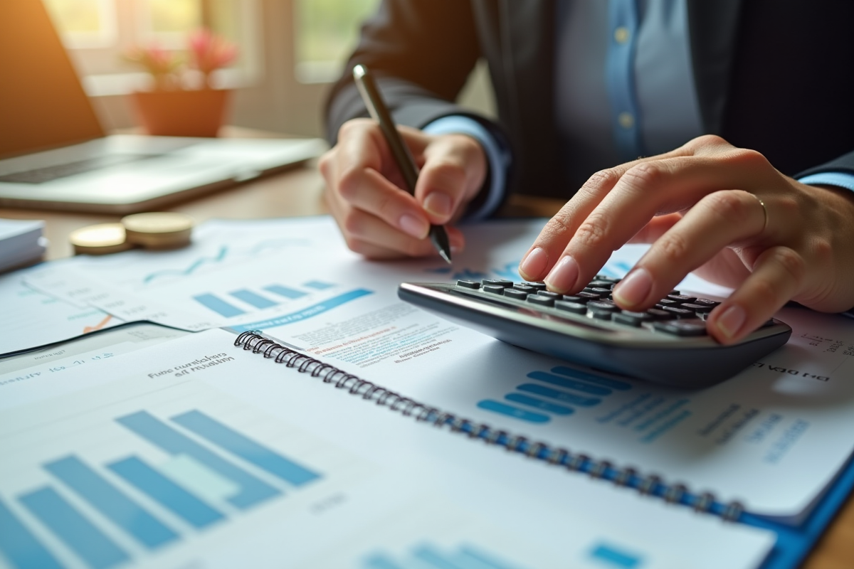 Mains tenant une calculatrice et écrivant un budget dans un planificateur