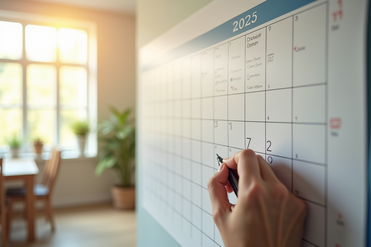 Zoom sur calendrier 2025 avec main marquant les jours en lumière naturelle
