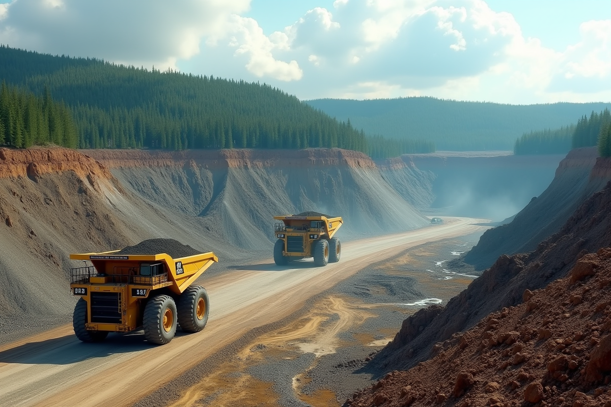 Mine à ciel ouvert avec camions géants et impact environnemental