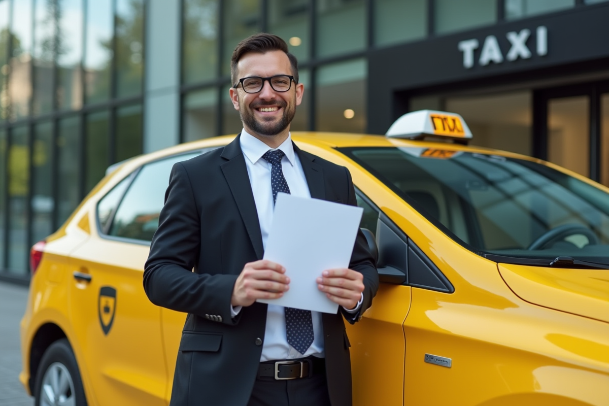 Chauffeur de taxi souriant avec documents devant bâtiment moderne