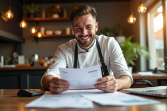 Propriétaire de restaurant souriant vérifiant des documents financiers