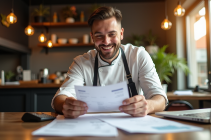 Propriétaire de restaurant souriant vérifiant des documents financiers