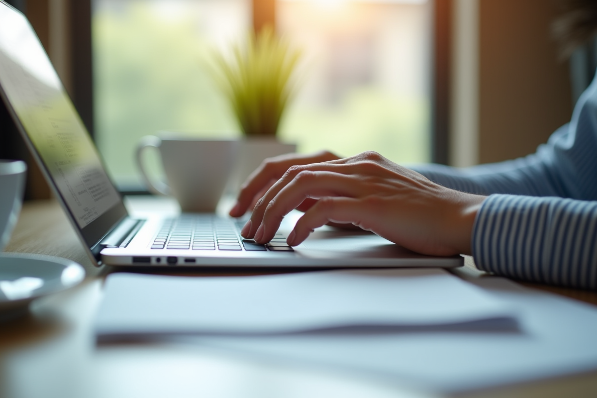 Mains tapant sur un ordinateur portable sur un bureau lumineux