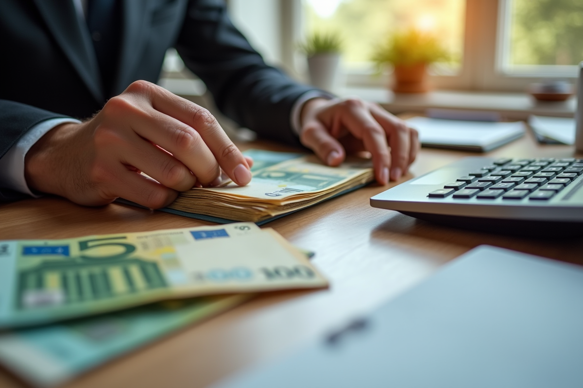 Mains comptant des billets de banque avec calculatrice sur un bureau en bois