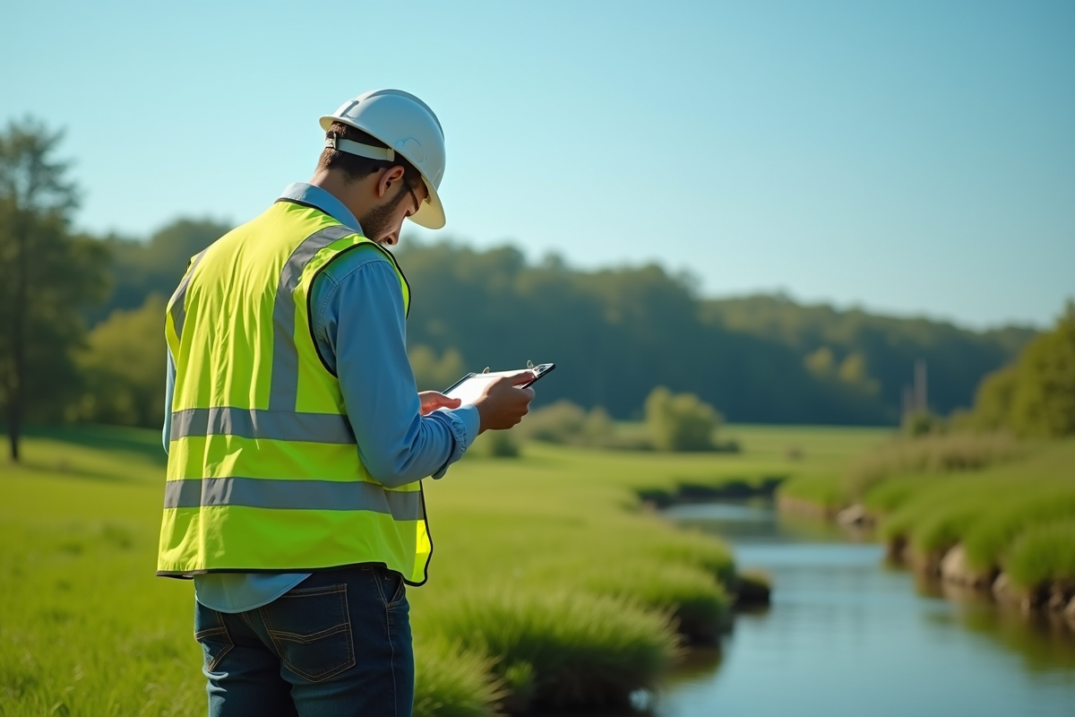 Consultant environnement en nature analysant l'eau