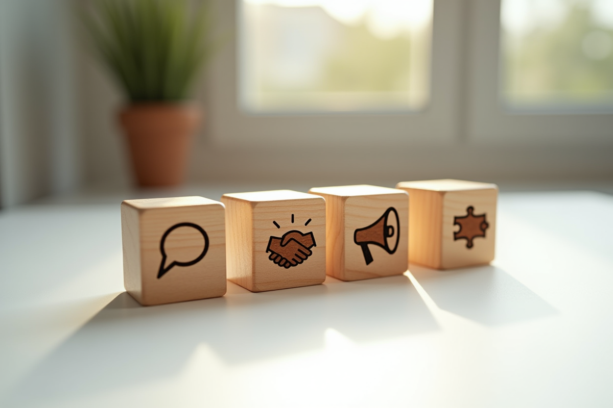 Cubes en bois avec symboles de communication sur un bureau blanc
