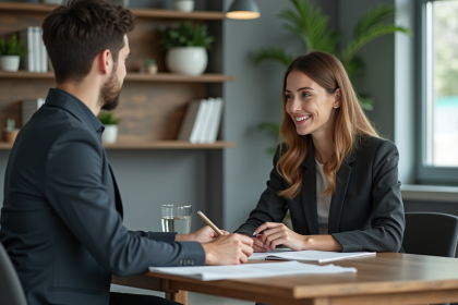 Femme et jeune homme en discussion dans un bureau moderne