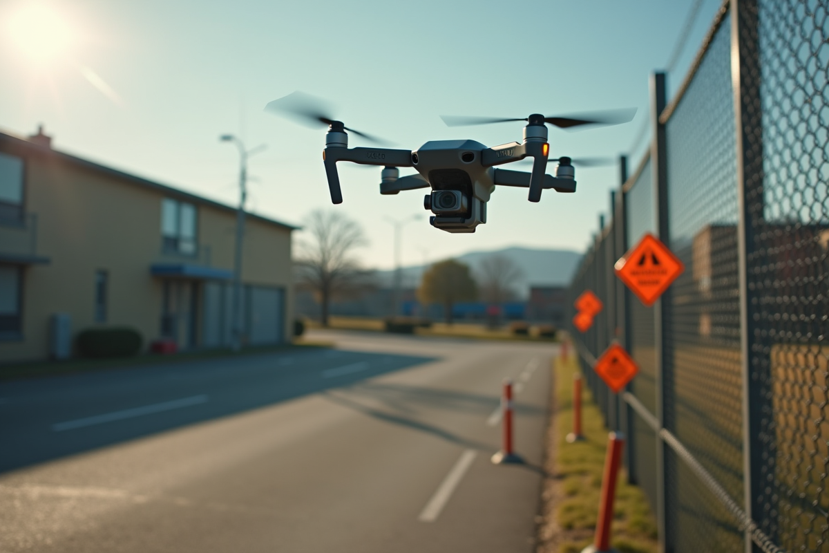 Drone au-dessus d une zone interdite pres d une ecole en plein jour