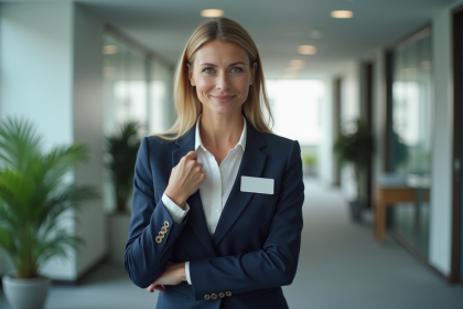Femme d'entreprise en costume navy pinçant son badge