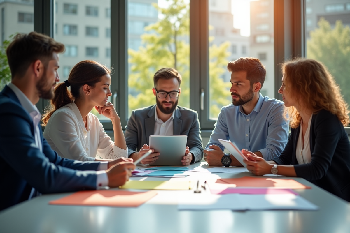Groupe de professionnels en brainstorming dans un bureau lumineux