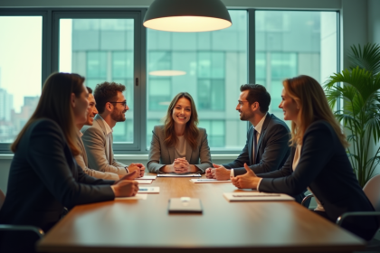 Groupe de professionnels en réunion dans un bureau écologique