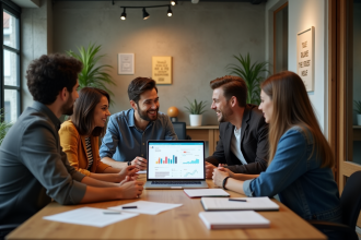 Groupe de professionnels discutant d'un tableau de bord social media