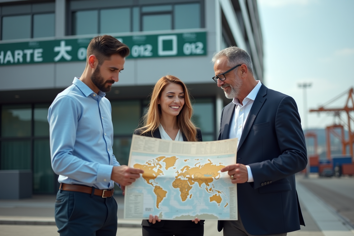 Groupe de professionnels discutant devant un port