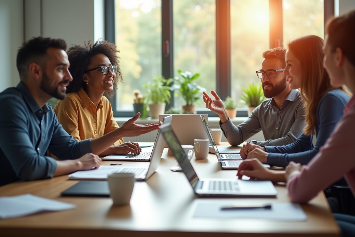 Groupe créatif discutant stratégies autour d