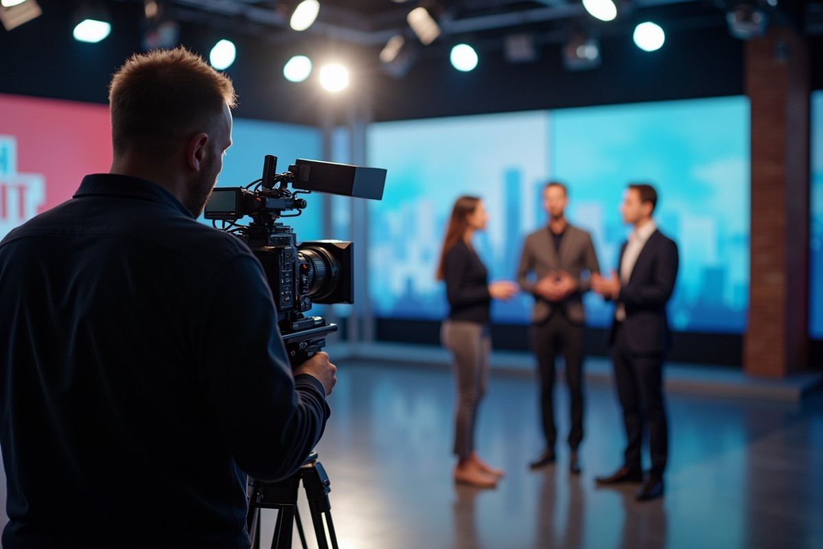 Équipe de tournage en studio télévision lumineux