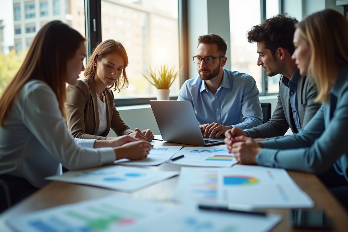 Groupe de professionnels marketing analysant des graphiques colorés