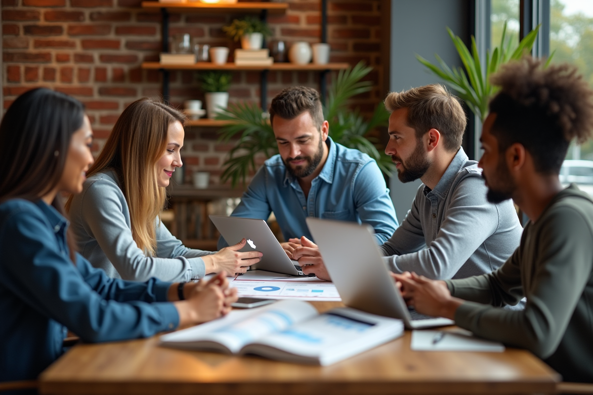 Groupe divers de professionnels discutant stratégie marketing au café