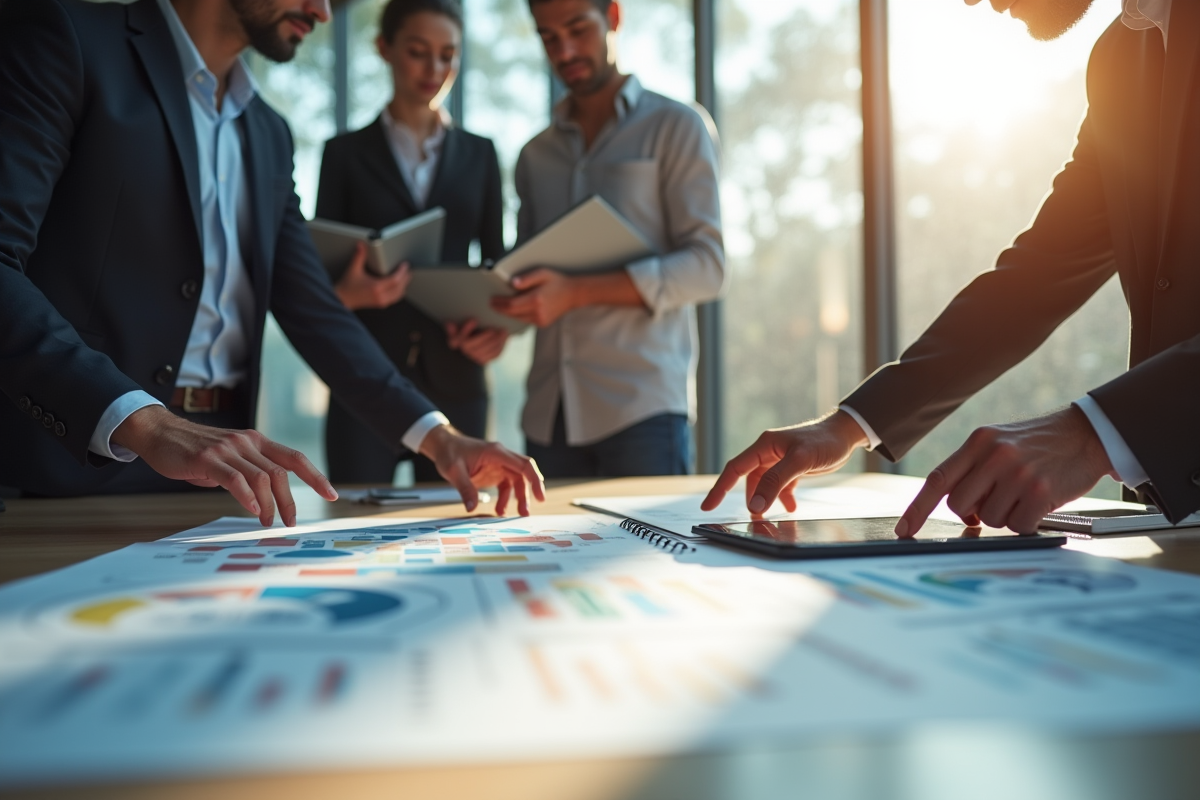 Groupe de professionnels en réunion de travail moderne