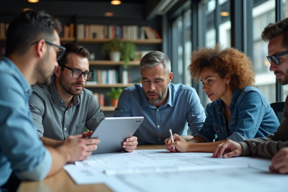 Groupe d'ing&eacute;nieurs collaborant autour d'une table moderne