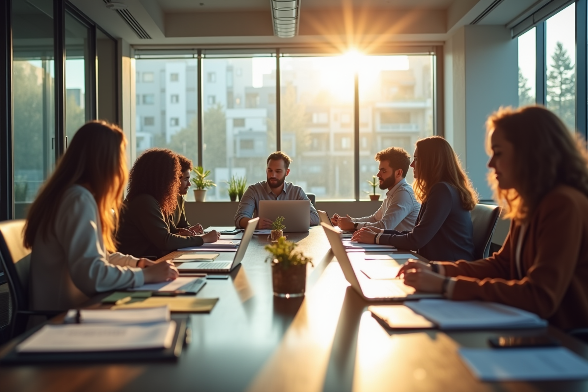 Espace de bureau moderne ouvert avec équipe diverse en réunion