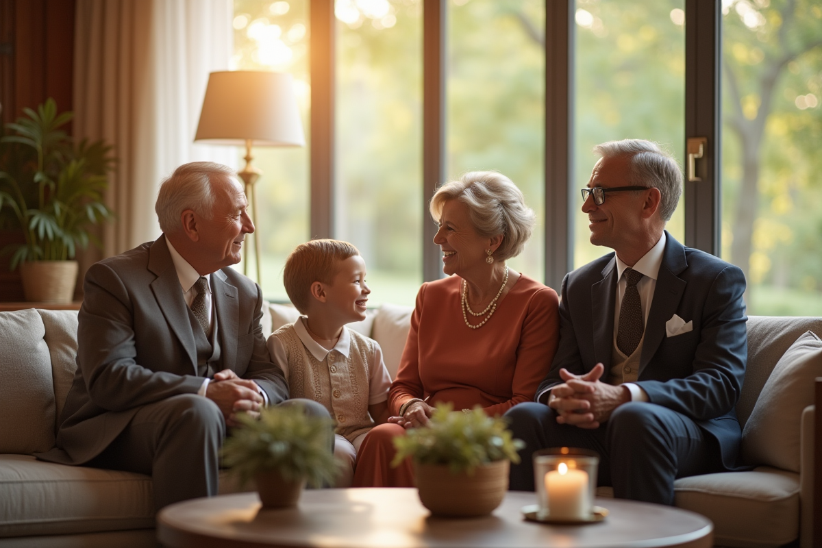 Famille élégante réunie dans un salon lumineux et luxueux