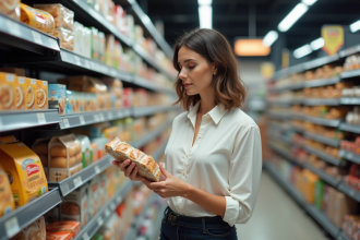 Femme d'âge moyen examine un produit alimentaire en supermarché