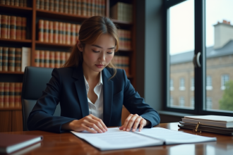 Femme d'affaires en costume navy lit des documents juridiques