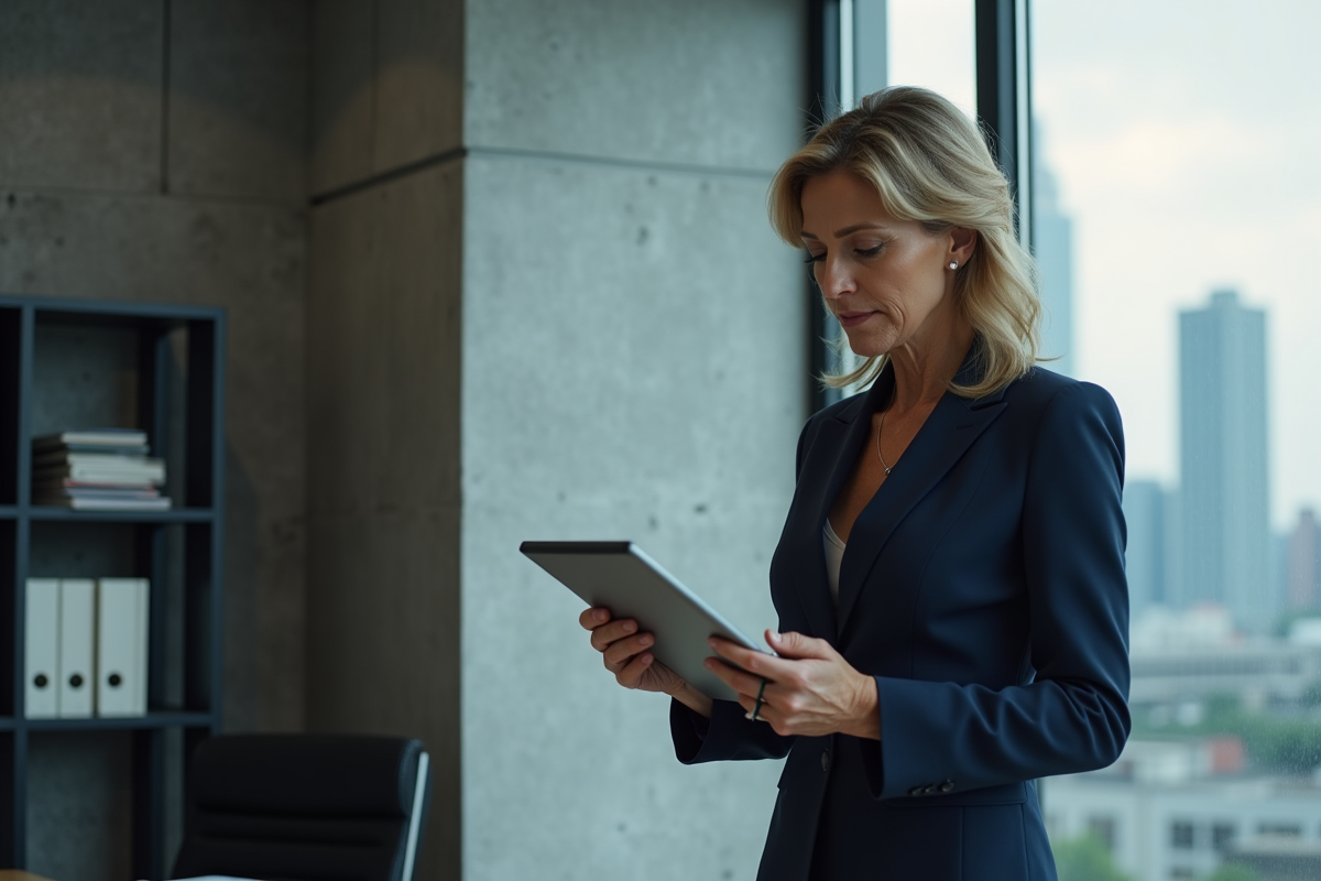 Femme d affaires regardant une tablette dans son bureau