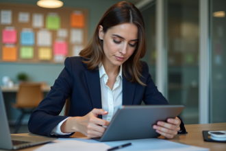 Jeune femme en blazer analyse des données marketing sur une tablette