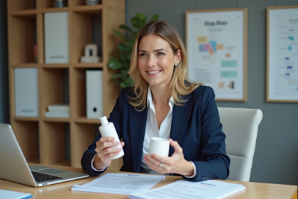 Femme professionnelle compare deux &eacute;chantillons de produits de marque