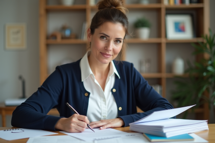 Femme d'âge moyen écrivant une lettre formelle dans un bureau