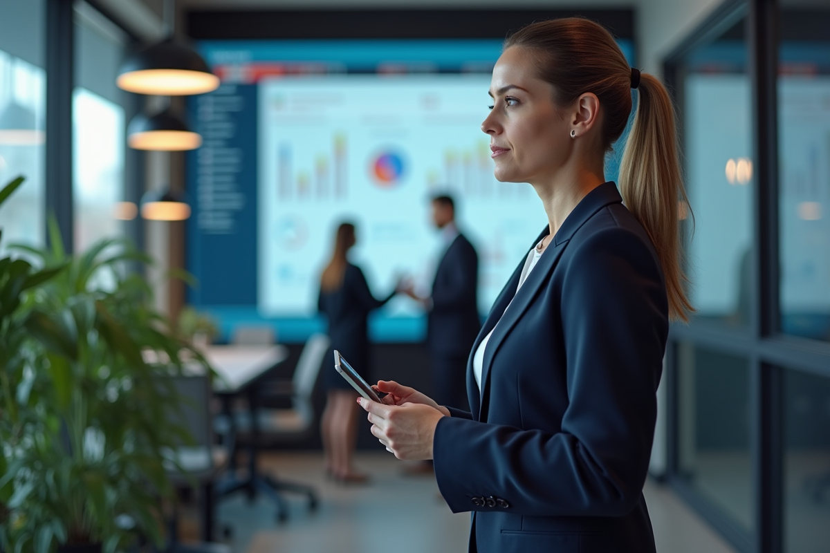 Femme cadre consultat un tableau de bord numérique