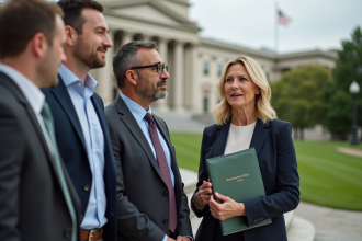Femme en costume politique parlant devant le capitole