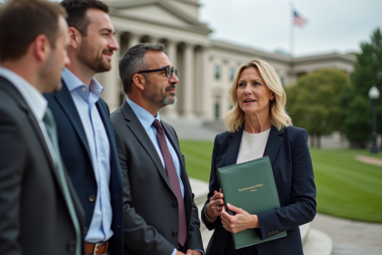 Femme en costume politique parlant devant le capitole