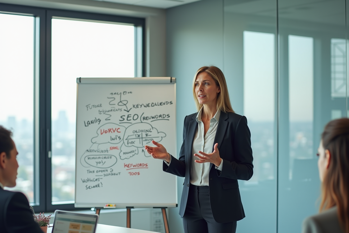 Femme expliquant des diagrammes SEO dans une salle de réunion