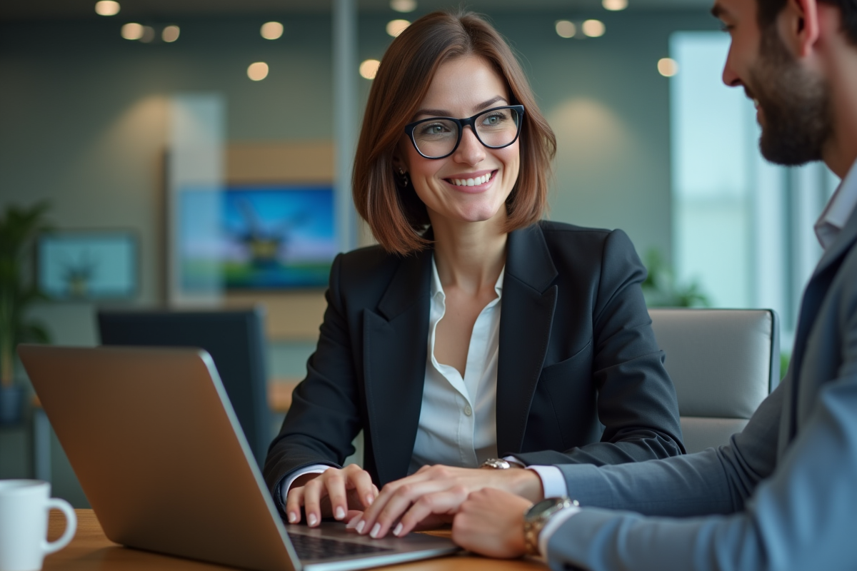 Femme d'affaires concentrée travaillant sur son ordinateur dans un bureau moderne