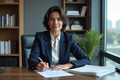 Femme d'&acirc;ge m&ucirc;r au bureau moderne en tenue professionnelle