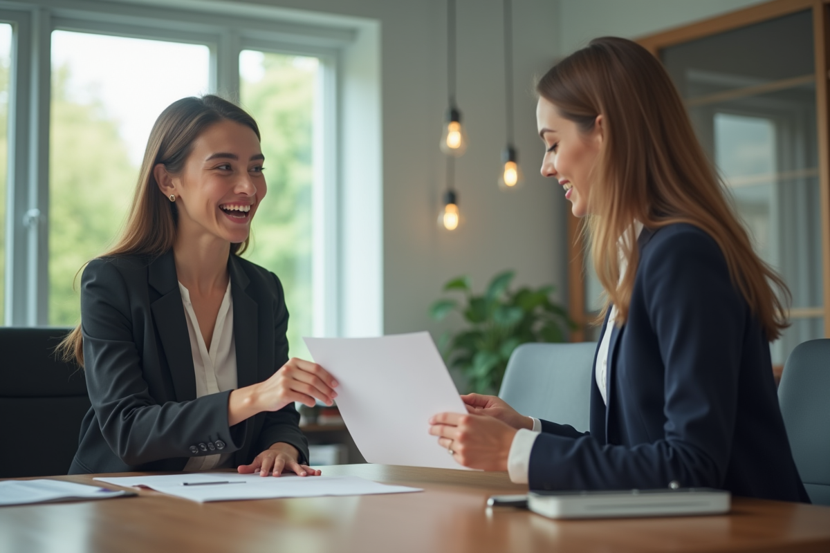 Femme professionnelle échangeant une note avec collègue dans un bureau