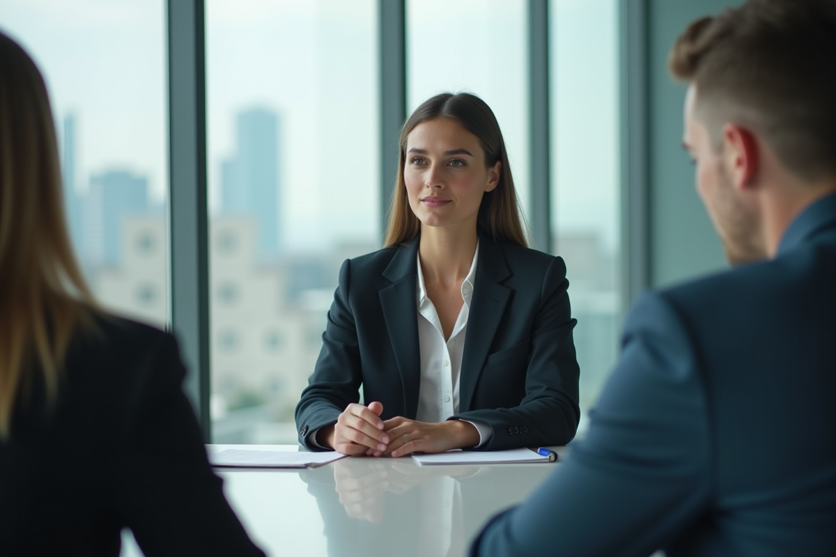 Jeune femme professionnelle parle avec un client en réunion